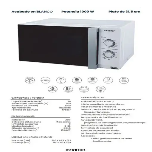 Infiniton MW-1025 M Negro, Blanco Microondas con grill Encimera 25 L 900 W