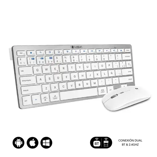 Teclado Con Ratón Bluetooth + 2.4G Combo Multidispositivo Compacto  Blanco Plata