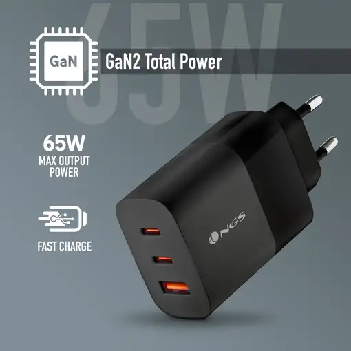 Cargador GAN de pared ultrarápido de 65W con 3 puertos: 2 USB-C 1 USB-A,  NGS