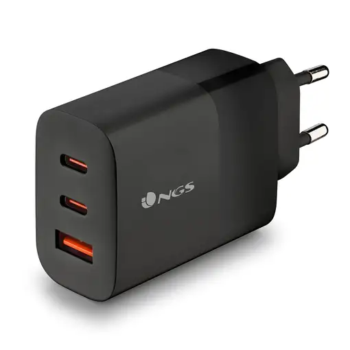 Cargador GAN de pared ultrarápido de 65W con 3 puertos: 2 USB-C 1 USB-A,  NGS