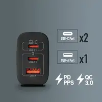 Cargador GAN de pared ultrarápido de 65W con 3 puertos: 2 USB-C 1 USB-A,  NGS