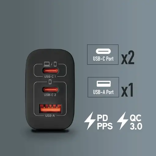 Cargador GAN de pared ultrarápido de 65W con 3 puertos: 2 USB-C 1 USB-A,  NGS