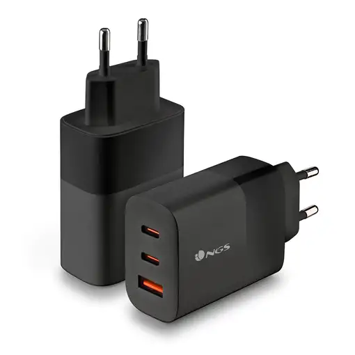 Cargador GAN de pared ultrarápido de 65W con 3 puertos: 2 USB-C 1 USB-A,  NGS