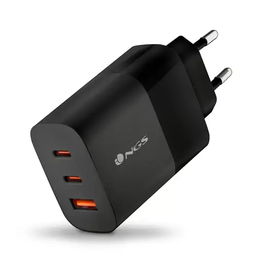 Cargador GAN de pared ultrarápido de 65W con 3 puertos: 2 USB-C 1 USB-A,  NGS