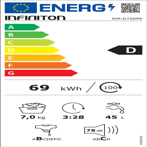 Infiniton WM-D72DPE lavadora Carga frontal 7 kg 1200 RPM Gris