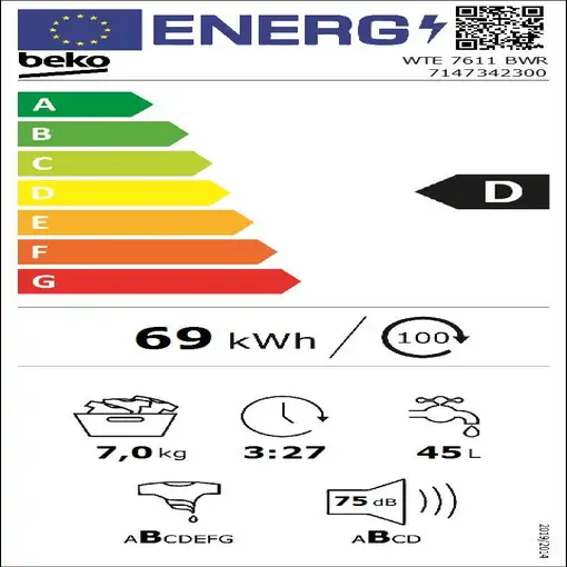Beko WTE 7611 BWR lavadora Carga frontal 7 kg 1200 RPM Blanco