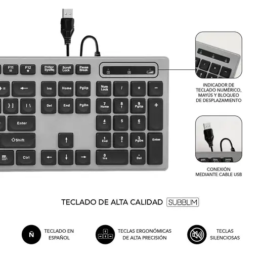 Teclado Ergonómico Y Ratón Con Cable Usb Plano Silencioso Ergo  Gris Negro