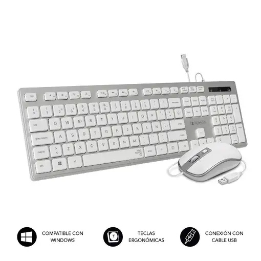 Teclado Ergonómico Y Ratón Con Cable Usb Plano Silencioso Ergo  Blanco Plata