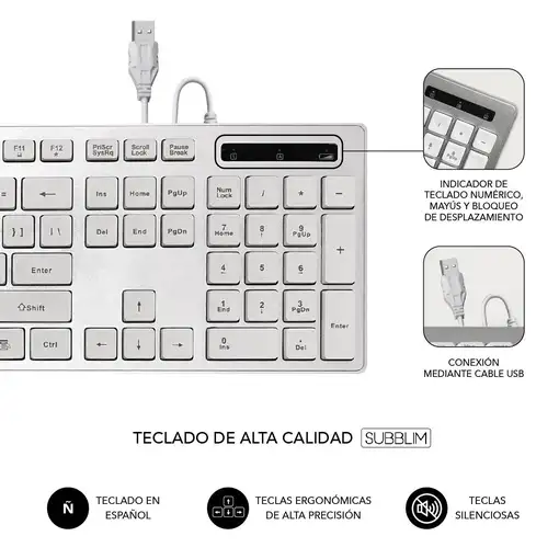 Teclado Ergonómico Y Ratón Con Cable Usb Plano Silencioso Ergo  Blanco Plata