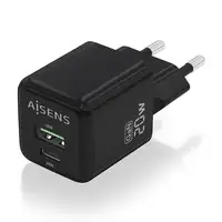 AISENS Cargador GaN 20W, 1xUSB-C PD3.0 QC4.0, 1xUSB-A QC3.0, Negro