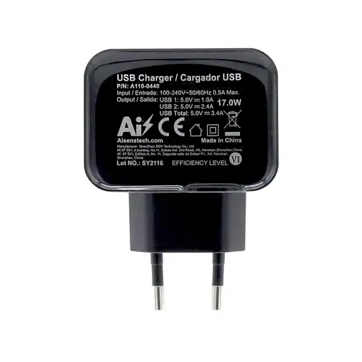 AISENS Cargador USB 17W 5V/3.4A, 2xUSB Con Control AI, Negro