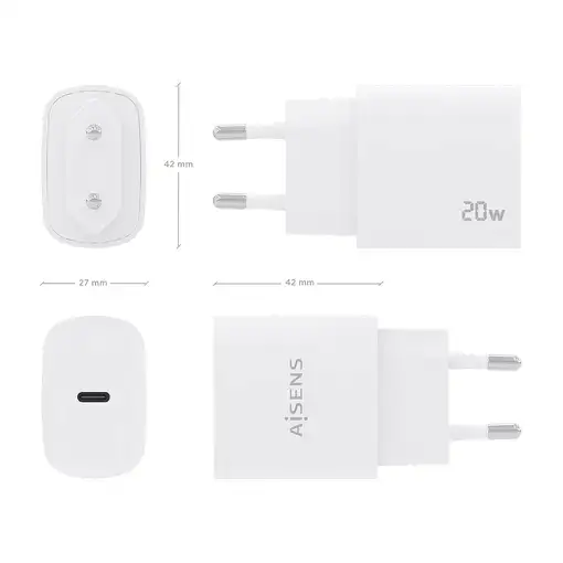 AISENS Cargador USB-C PD3.0 1 Puerto 1xUSB-C 20W, Blanco