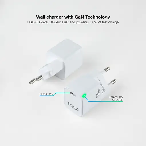 TooQ Cargador de Pared GAN USB-C/PD 30W, Blanco