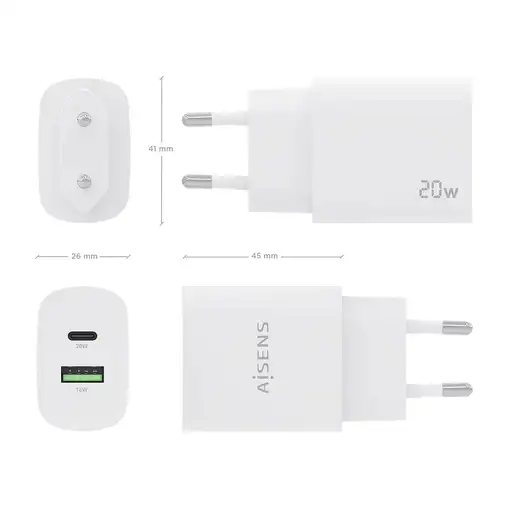 AISENS Cargador 20W, 1xUSB-C PD3.0, 1xUSB-A QC3.0, Blanco