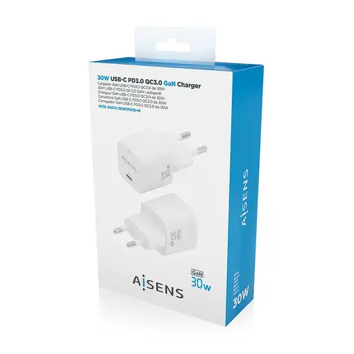 AISENS Cargador GaN 30W, 1xUSB-C PD3.0 QC4.0, Blanco