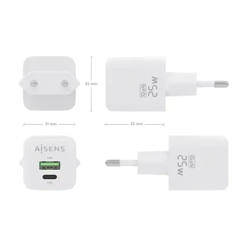 AISENS Cargador GaN 25W, 1xUSB-C PD3.0 QC4.0, 1xUSB-A QC3.0, Blanco