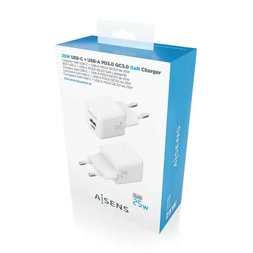 AISENS Cargador GaN 25W, 1xUSB-C PD3.0 QC4.0, 1xUSB-A QC3.0, Blanco