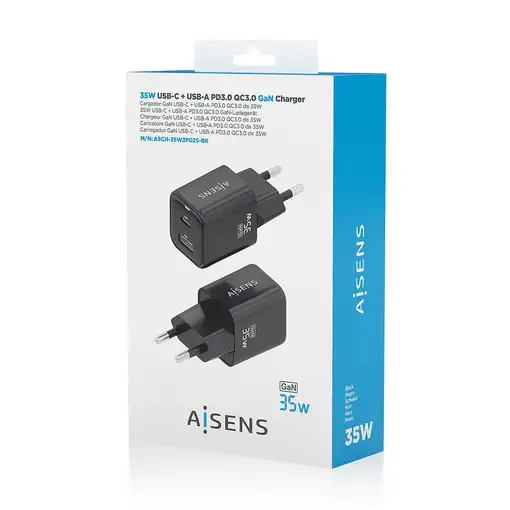 AISENS Cargador Gan 35W, 1xUSB-C PD3.0 QC4.0, 1xUSB-A QC3.0, Negro