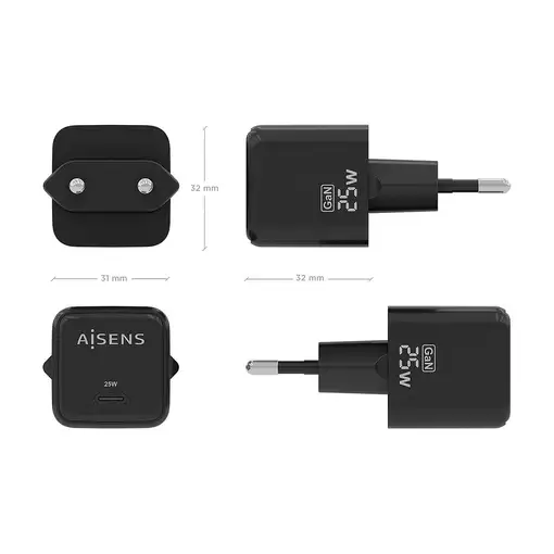 AISENS Cargador GaN 25W, 1xUSB-C PD3.0 QC4.0, Negro