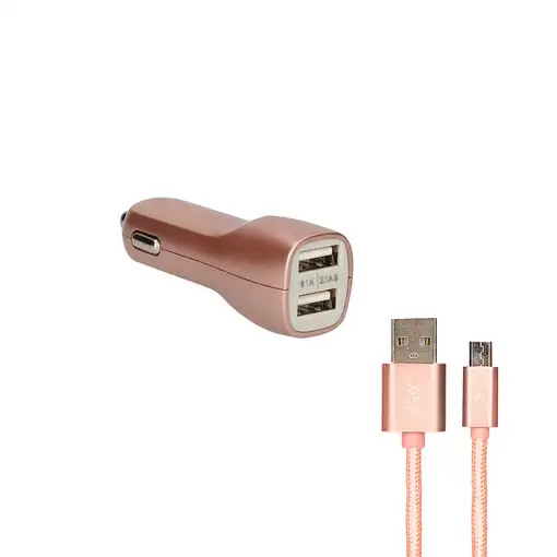 Contact Cargador de coche , 10W, 2 salidas, USB + cable USB A - Micro USB, Rosa me