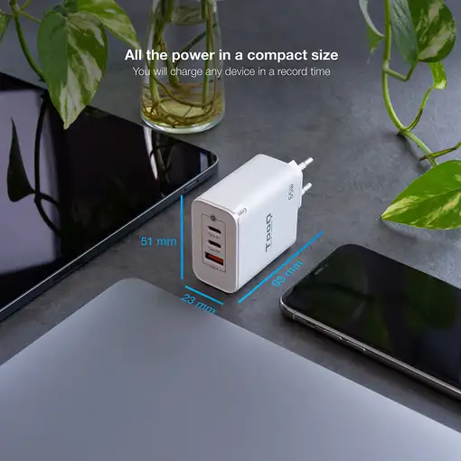 TooQ Cargador de Pared GaN 2USB-C/PD + USB-A/QC 65W, Blanco