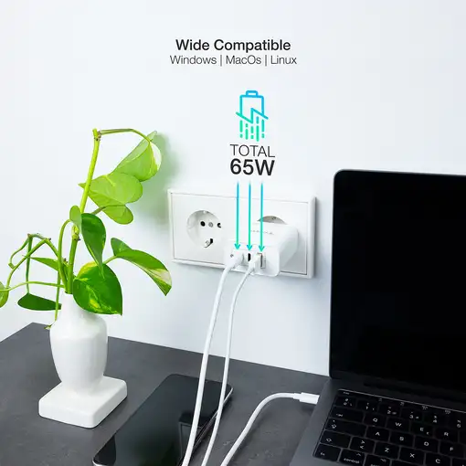 TooQ Cargador de Pared GaN 2USB-C/PD + USB-A/QC 65W, Blanco
