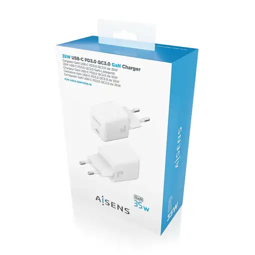 AISENS Cargador GaN 35W, 1xUSB-C PD3.0 QC4.0, Blanco