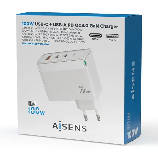 AISENS Cargador Gan 100W, 2xUSB-C PD3.0 QC4.0 QC5.0, 1xUSB-A QC3.0, Blanco