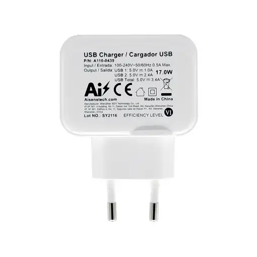 AISENS Cargador USB 17W 5V/3.4A, 2xUSB Con Control AI, Blanco