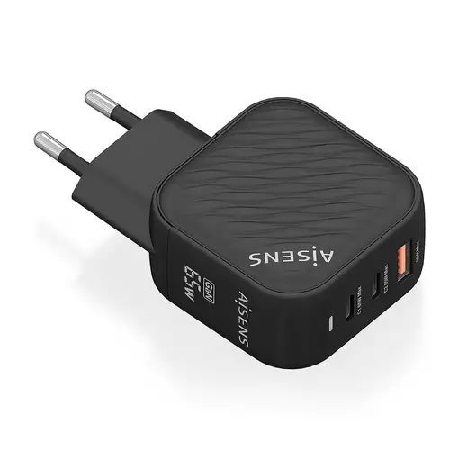 AISENS Cargador GaN 65W, 2xUSB-C PD3.0 QC4.0, 1xUSB-A QC3.0, Negro