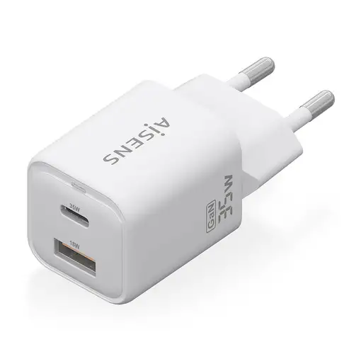 AISENS Cargador Gan 35W, 1xUSB-C PD3.0 QC4.0, 1xUSB-A QC3.0, Blanco