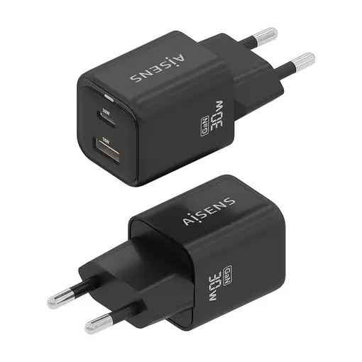AISENS Cargador Gan 30W, 1xUSB-C PD3.0 QC4.0, 1xUSB-A QC3.0, Negro