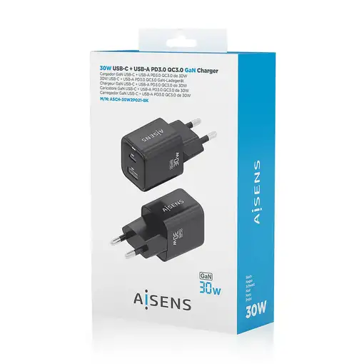 AISENS Cargador Gan 30W, 1xUSB-C PD3.0 QC4.0, 1xUSB-A QC3.0, Negro