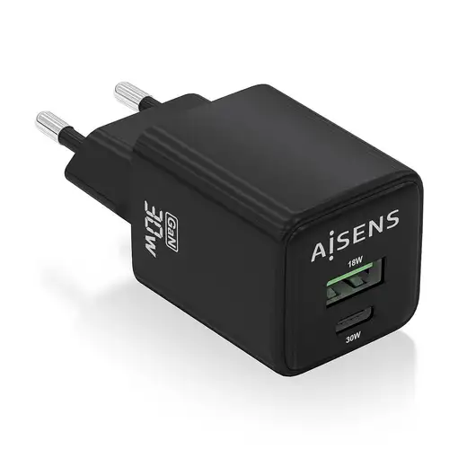 AISENS Cargador Gan 30W, 1xUSB-C PD3.0 QC4.0, 1xUSB-A QC3.0, Negro