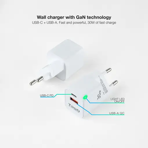 TooQ Cargador de Pared GaN USB-C/PD + USB-A/QC 30W, Blanco