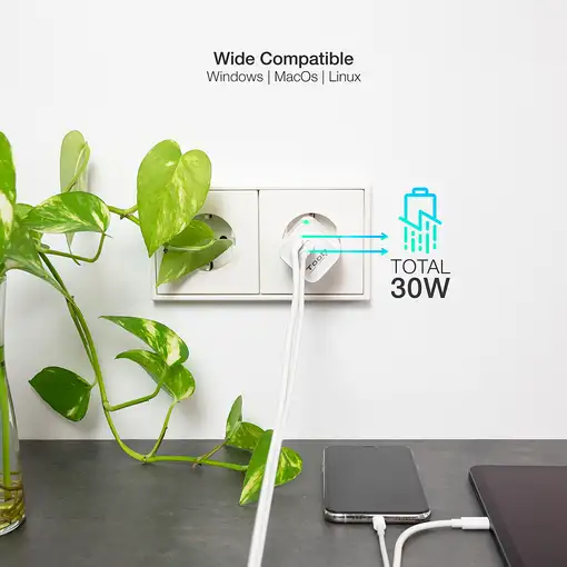 TooQ Cargador de Pared GaN USB-C/PD + USB-A/QC 30W, Blanco
