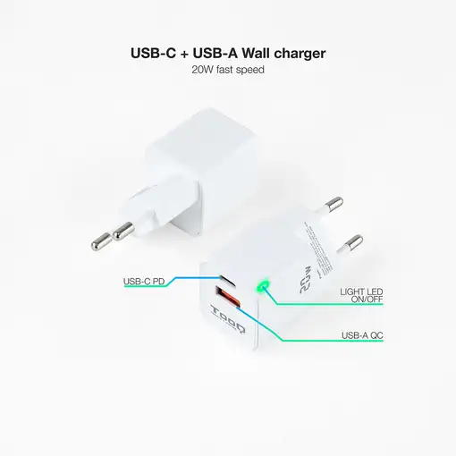 TooQ Cargador de Pared USB-C/PD + USB-A/QC 20W, Blanco
