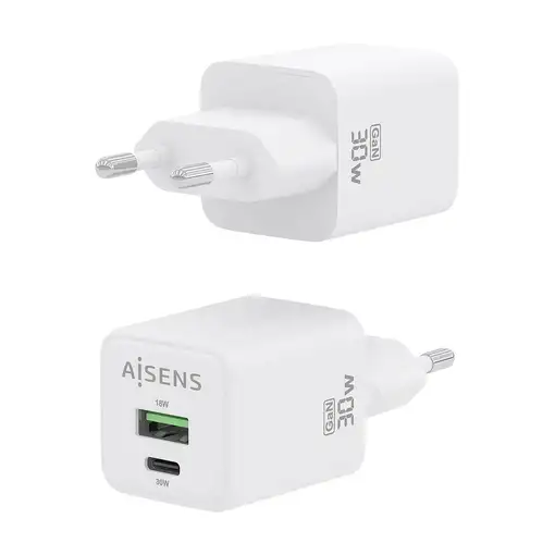 AISENS Cargador Gan 30W, 1xUSB-C PD3.0 QC4.0, 1xUSB-A QC3.0, Blanco