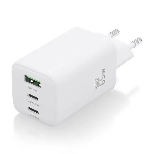 AISENS Cargador Gan 65W, 2xUSB-C PD3.0 QC4.0, 1xUSB-A QC3.0, Blanco