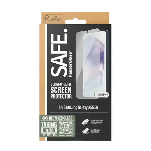 PanzerGlass SAFE. by ® Screen Protector Samsung Galaxy A55 5G | Ultra-Wide Fit w.