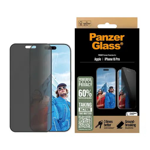 PanzerGlass ® Privacy Screen Protector iPhone 16 Pro | Ultra-Wide Fit Protector de