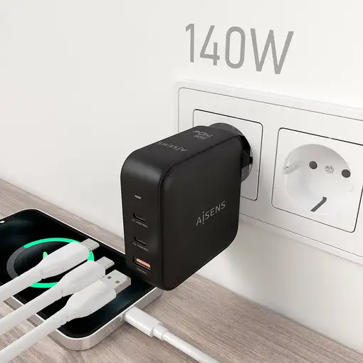 AISENS Cargador GaN 140W, 2xUSB-C PD3.1 QC4.0, 1xUSB-A QC3.0, Negro