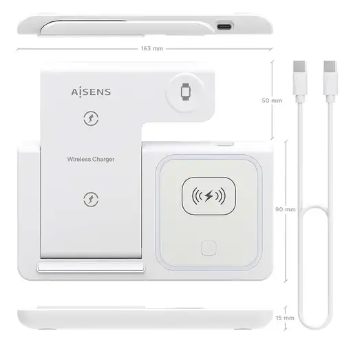 AISENS Cargador Inalambrico USB-C 3 En 1 De 15W Para Movil, Apple Watch, Ariculare