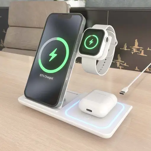 AISENS Cargador Inalambrico USB-C 3 En 1 De 15W Para Movil, Apple Watch, Ariculare