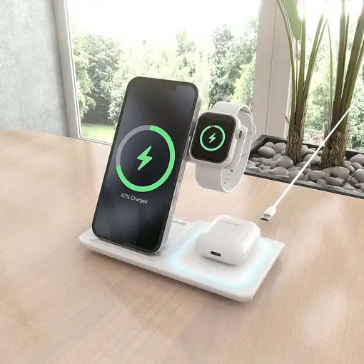 AISENS Cargador Inalambrico USB-C 3 En 1 De 15W Para Movil, Apple Watch, Ariculare