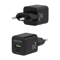 AISENS Cargador GaN 25W, 1xUSB-C PD3.0 QC4.0, 1xUSB-A QC3.0, Negro