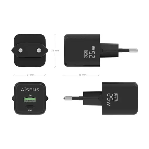 AISENS Cargador GaN 25W, 1xUSB-C PD3.0 QC4.0, 1xUSB-A QC3.0, Negro