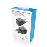 AISENS Cargador GaN 25W, 1xUSB-C PD3.0 QC4.0, 1xUSB-A QC3.0, Negro