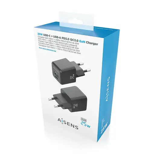 AISENS Cargador GaN 25W, 1xUSB-C PD3.0 QC4.0, 1xUSB-A QC3.0, Negro