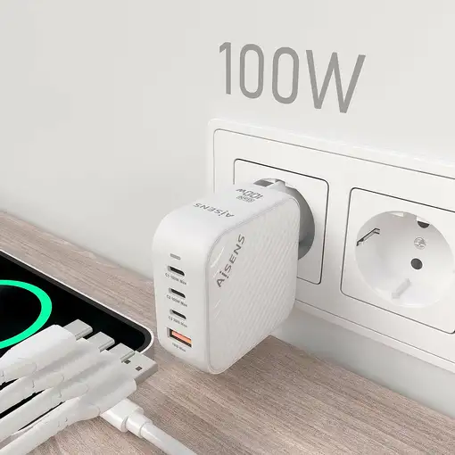 AISENS Cargador GaN 100W, 3xUSB-C PD3.0 QC4.0, 1xUSB-A QC3.0, Blanco